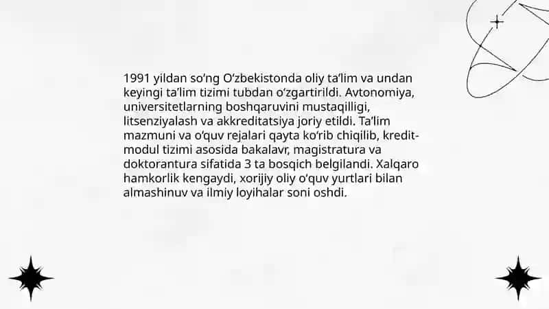 O'zbekiston Respublikasida oliy talim va undan keyingi ta'limning shakllanishi 4