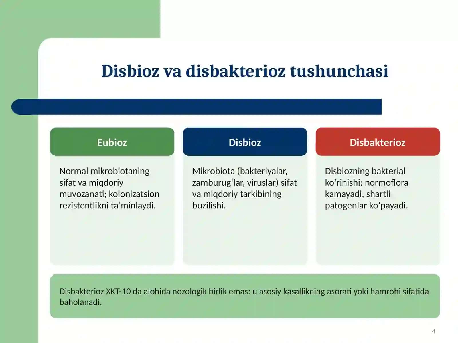 Disbakterioz, disbioz, kelib chiqishida qatnashuvchi omillar.  Disbakterioz, disbiozlarga bakteriologik tashxis qo'yish usullari. Disbakteriozda qo‘llaniluvchi probiotiklar.  Bakterial irsiyatning xromosomadan tashqari omillar 4
