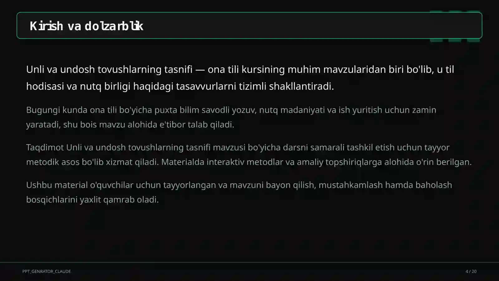 Unli va undosh tovushlarning tasnifi (5-sinf) 4