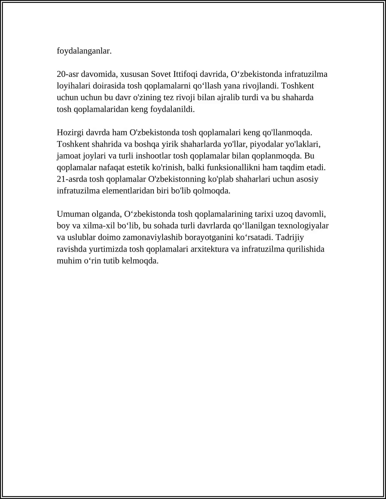 O'ZBEKISTONDA TOSH QOPLAMALAR KONSTRUKSIYALARINING RIVOJLANISHI. RESPUBLIKAMIZDA YO'LLARNI LOYIHALASH USULLARINI RIVOJLANTIRISH 4