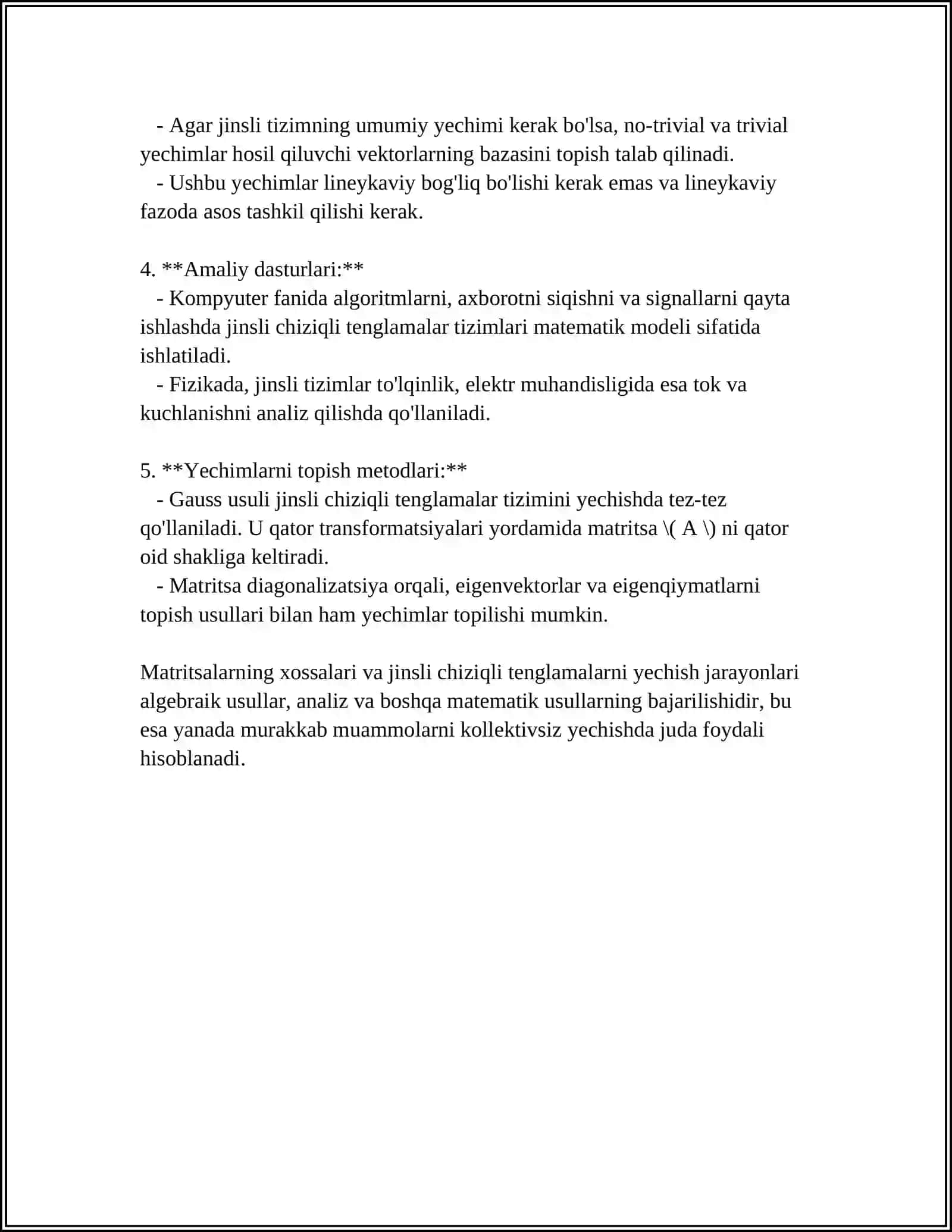 BIR JINSLI CHIZIQLI TENGLAMALAR SISTEMASI FUNDAMENTAL YECHIMLAR SISTEMASI 4