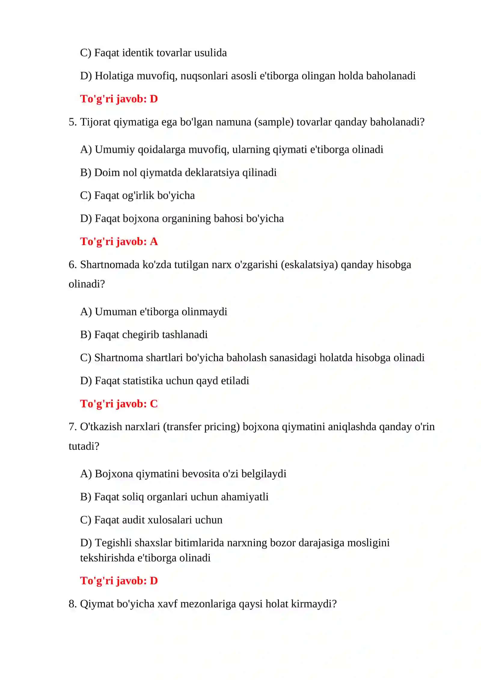 BOJXONA TESTLARI VA JAVOBLARI 4