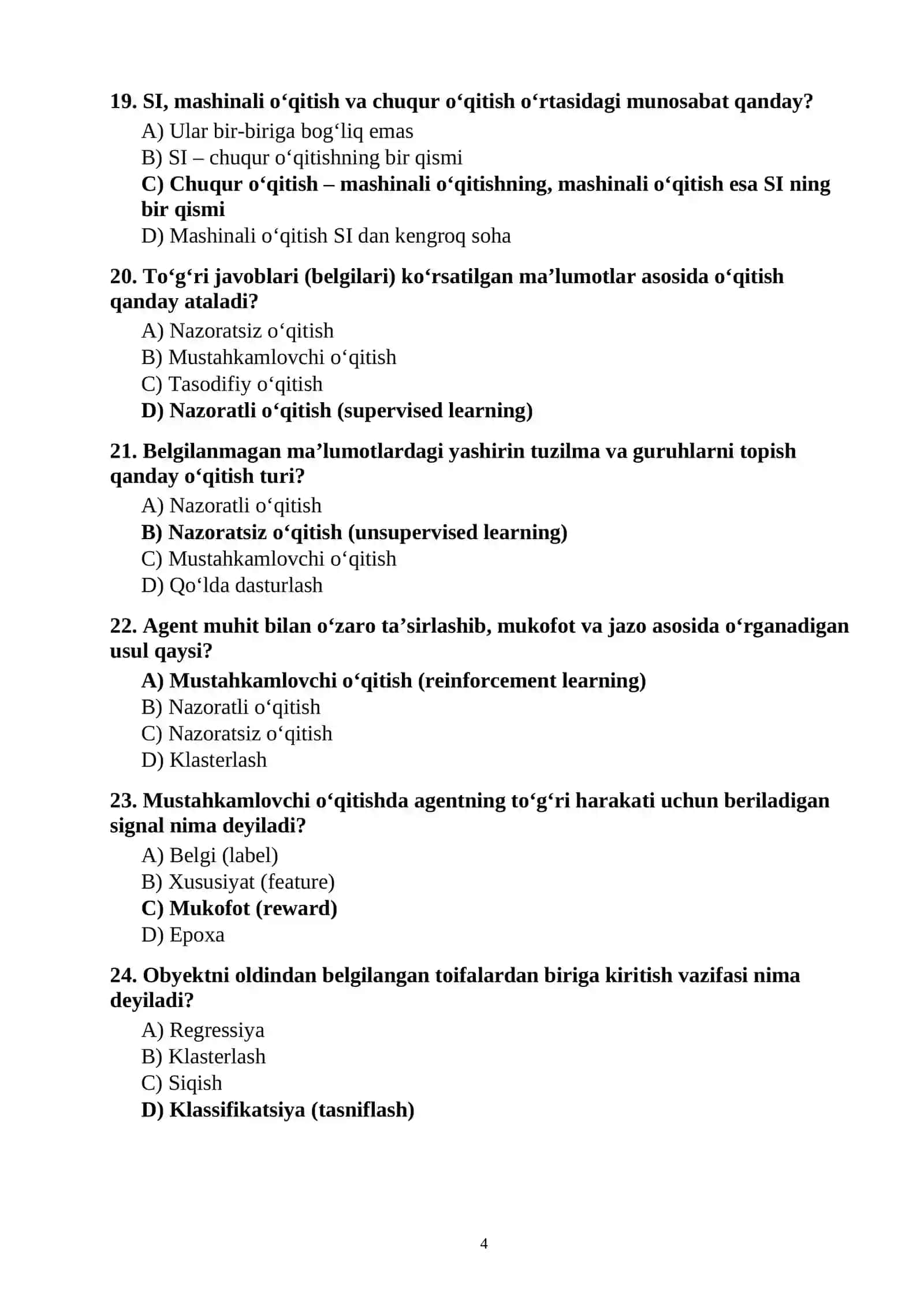 Sun’iy intellekt fanidan 100 ta test savollari javoblari bilan 4