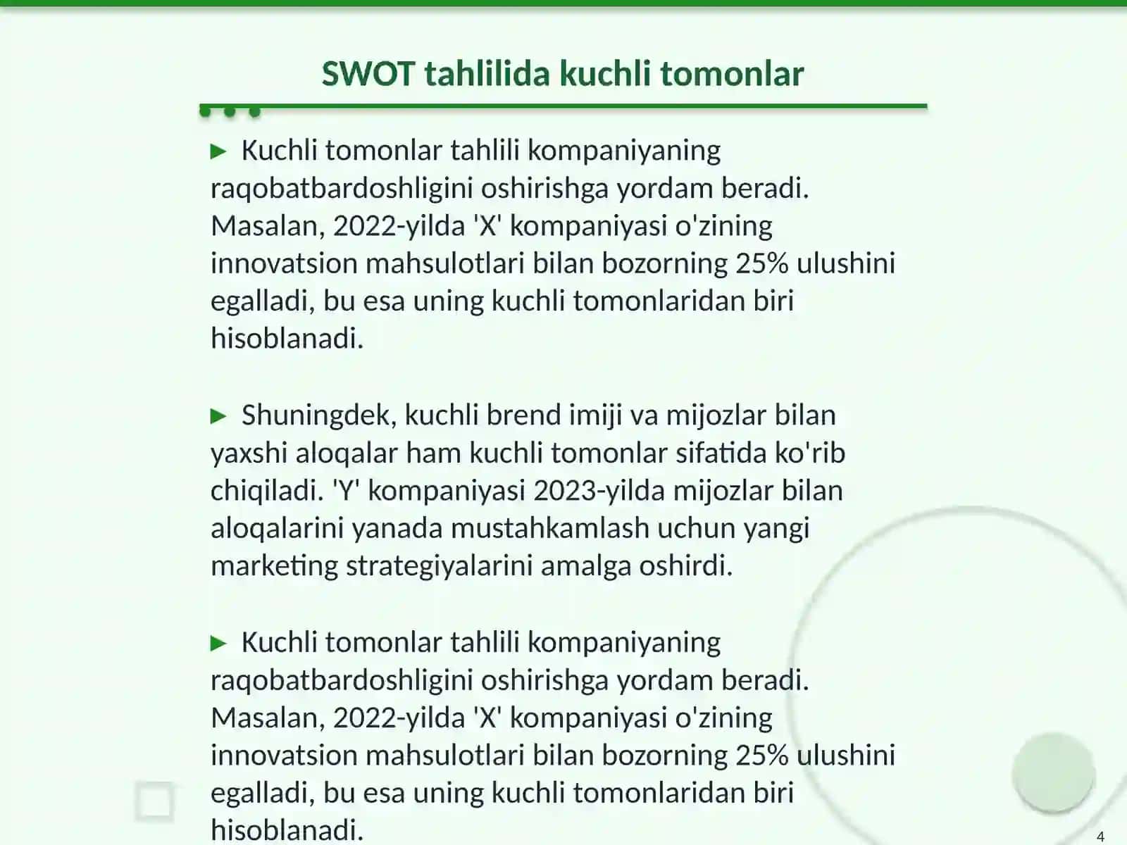 Swot tahlili asosida kelajakdagi biznesni taxlil qilish 4