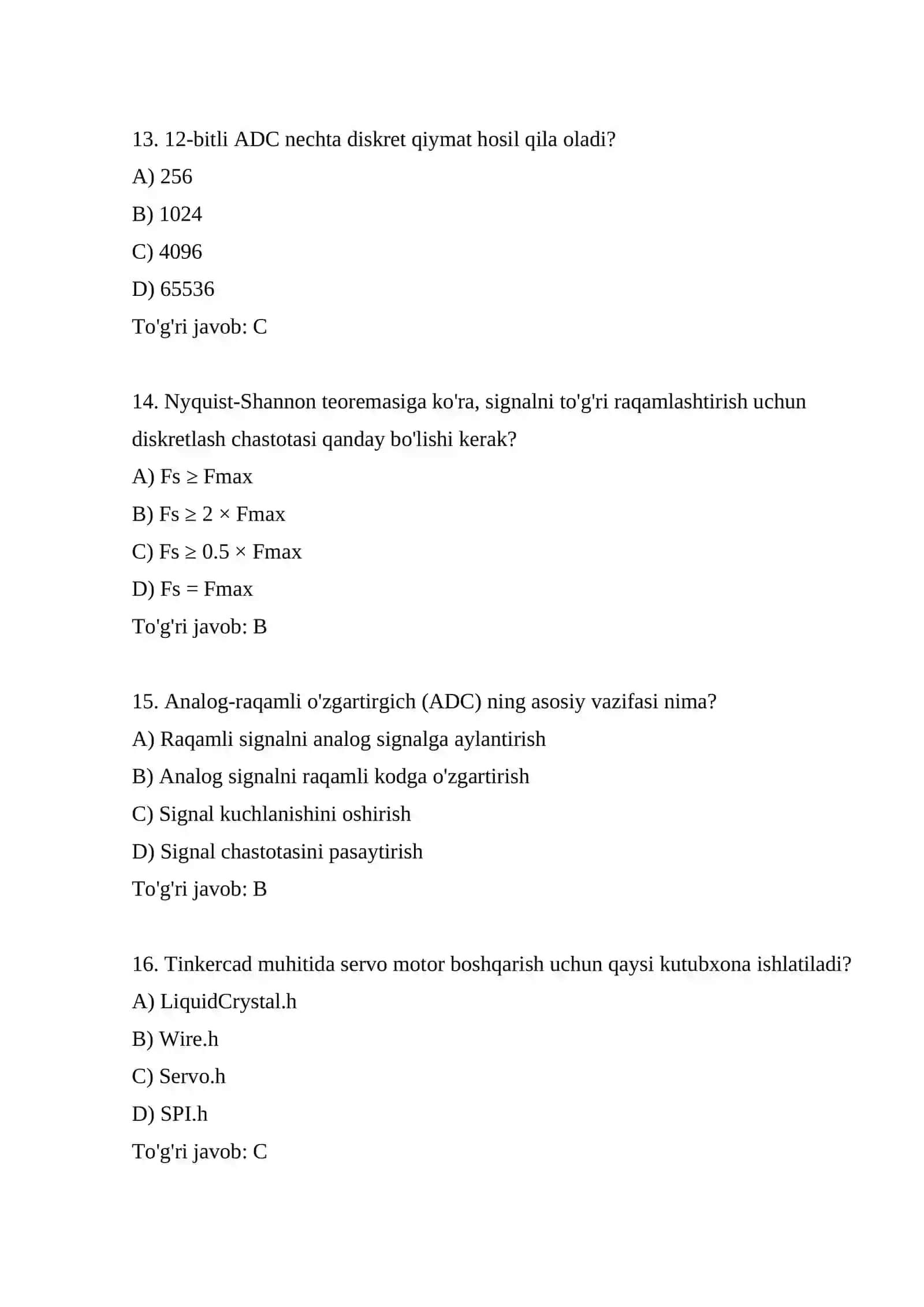 O'Rnatilgan Tizimlar Fani Bo'yicha Test Savollari 4