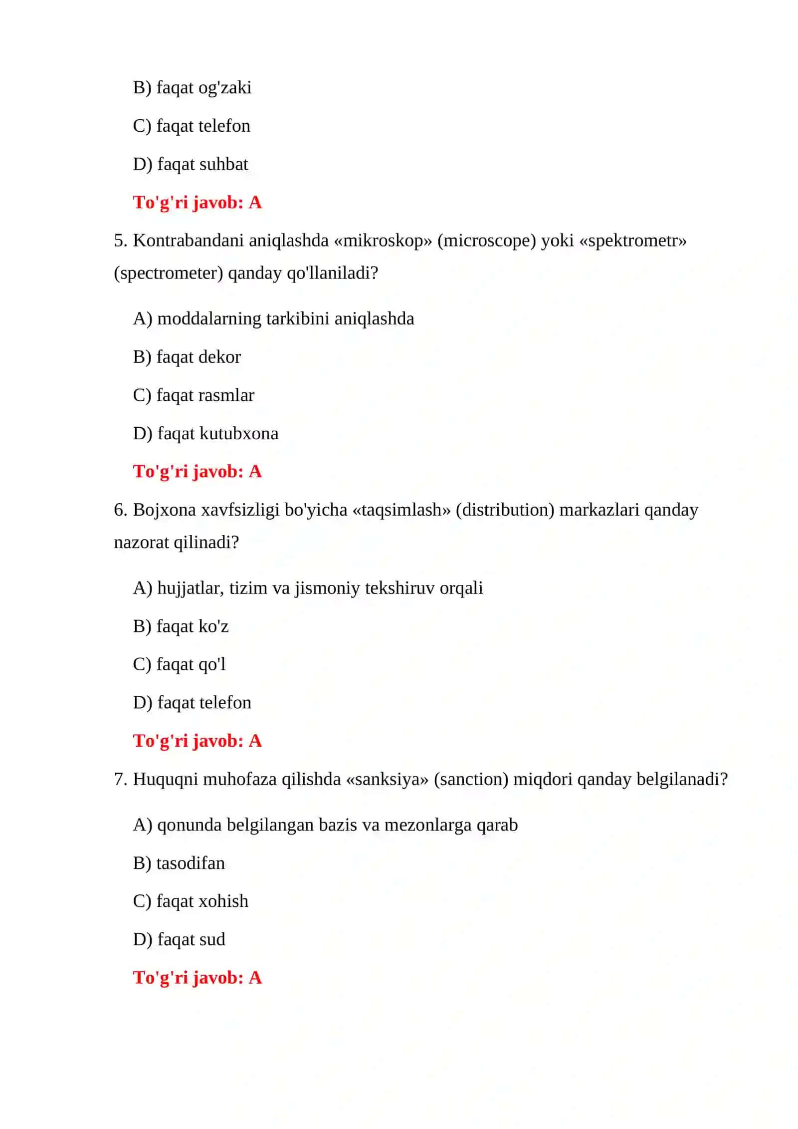 Kontrabanda bo'yicha bojxona testlari 4