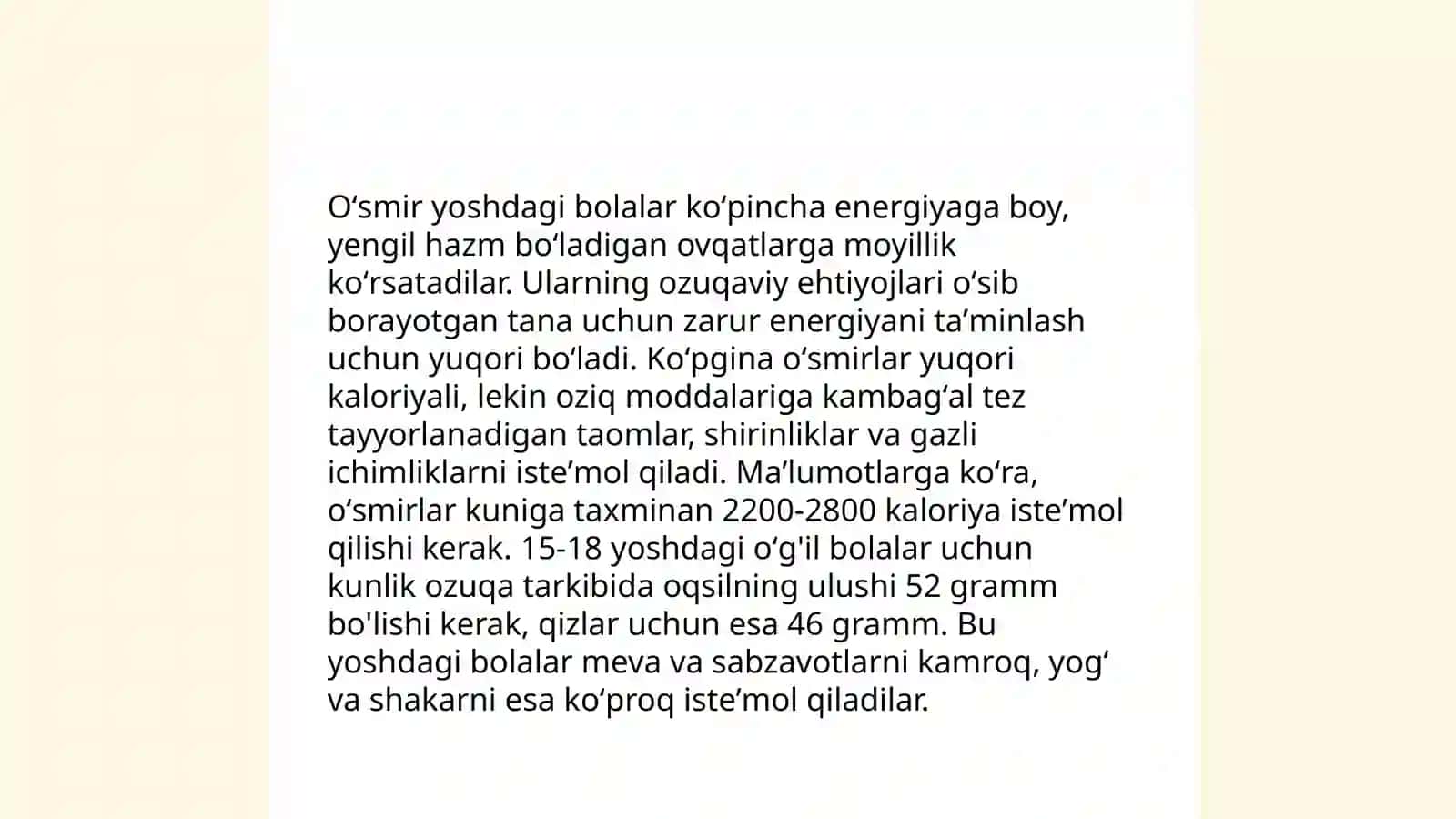 Katta yoshdagi aholi ovqatlanishi. Oʻsmir yoshdagi bolalar ovqatlanishi 4