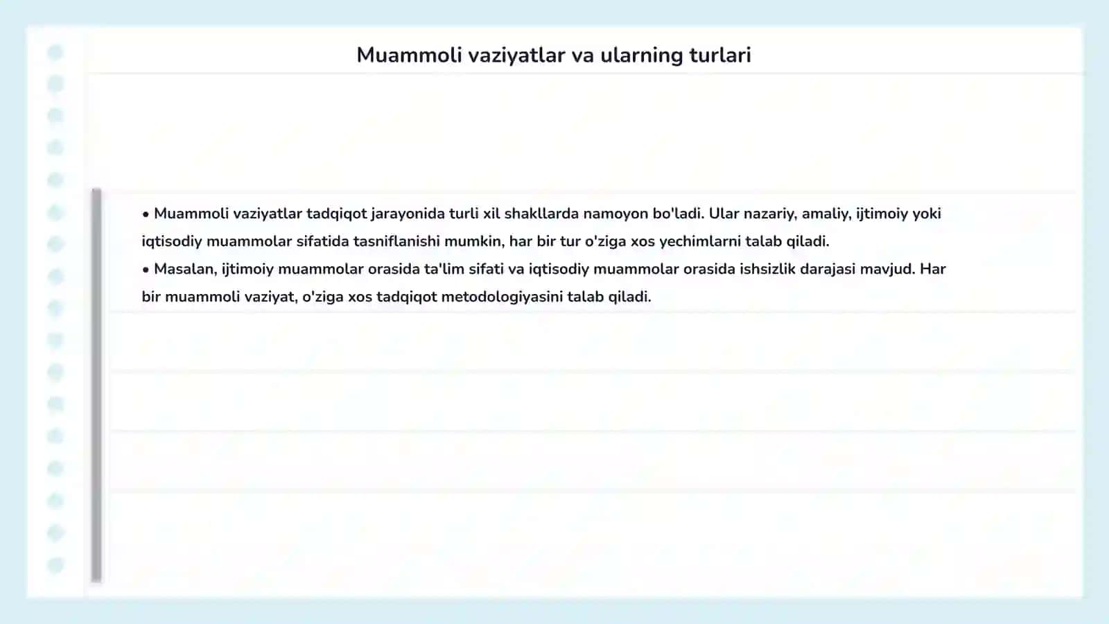 Ilmiy tadqiqotda muammo va muammoli vaziyat ilmiy tadqiqotning boshlangʼich asosi 4