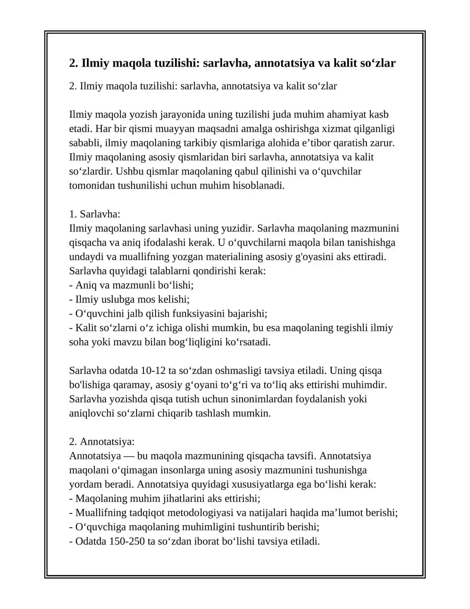 AKADEMIK YOZUV ASOSLARI VA ILMIY USLUB TALABLARI (ILMIY MAQOLA, ESSE VA REFERAT YOZISH QOIDALARI) 4