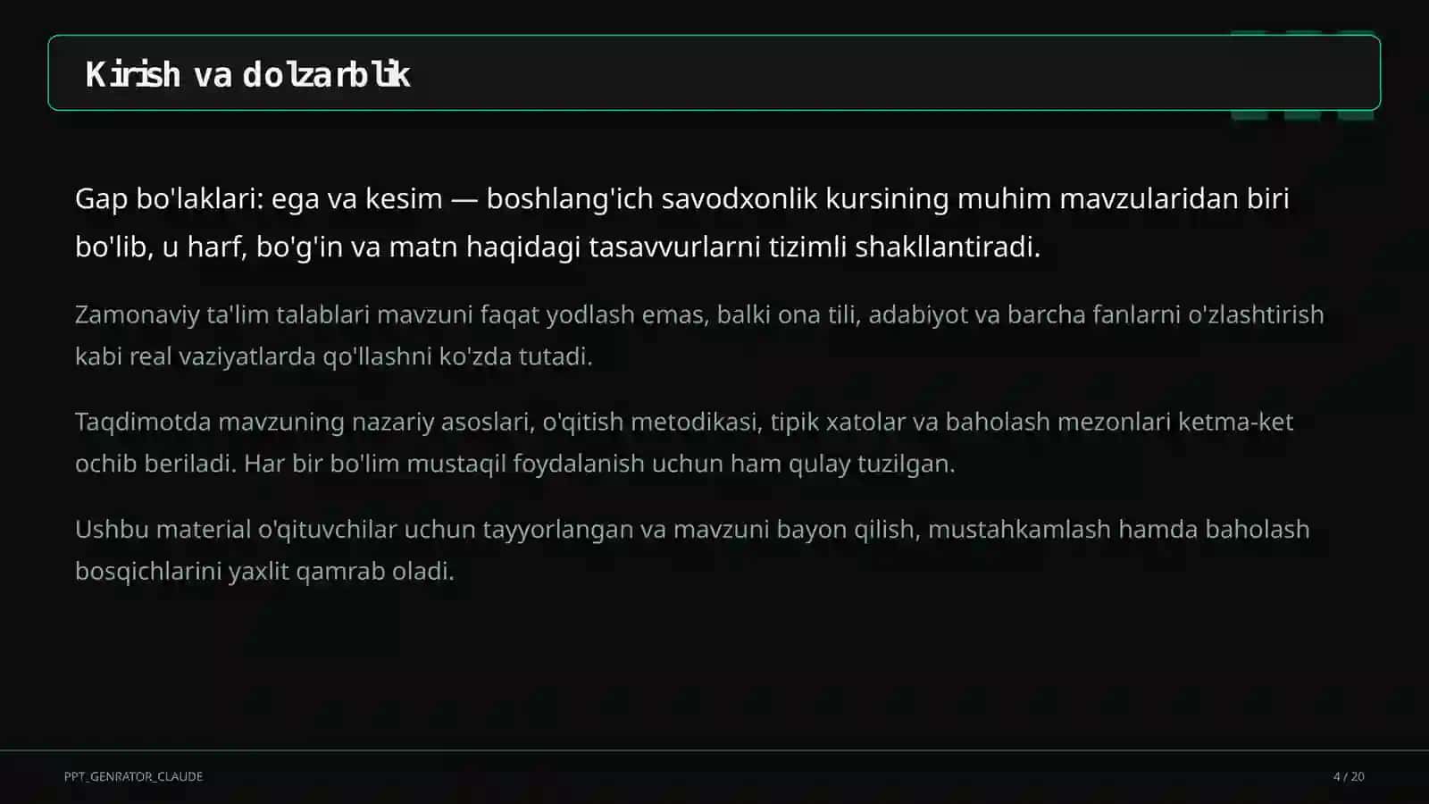 Gap bo'laklari: ega va kesim (4-sinf) 4