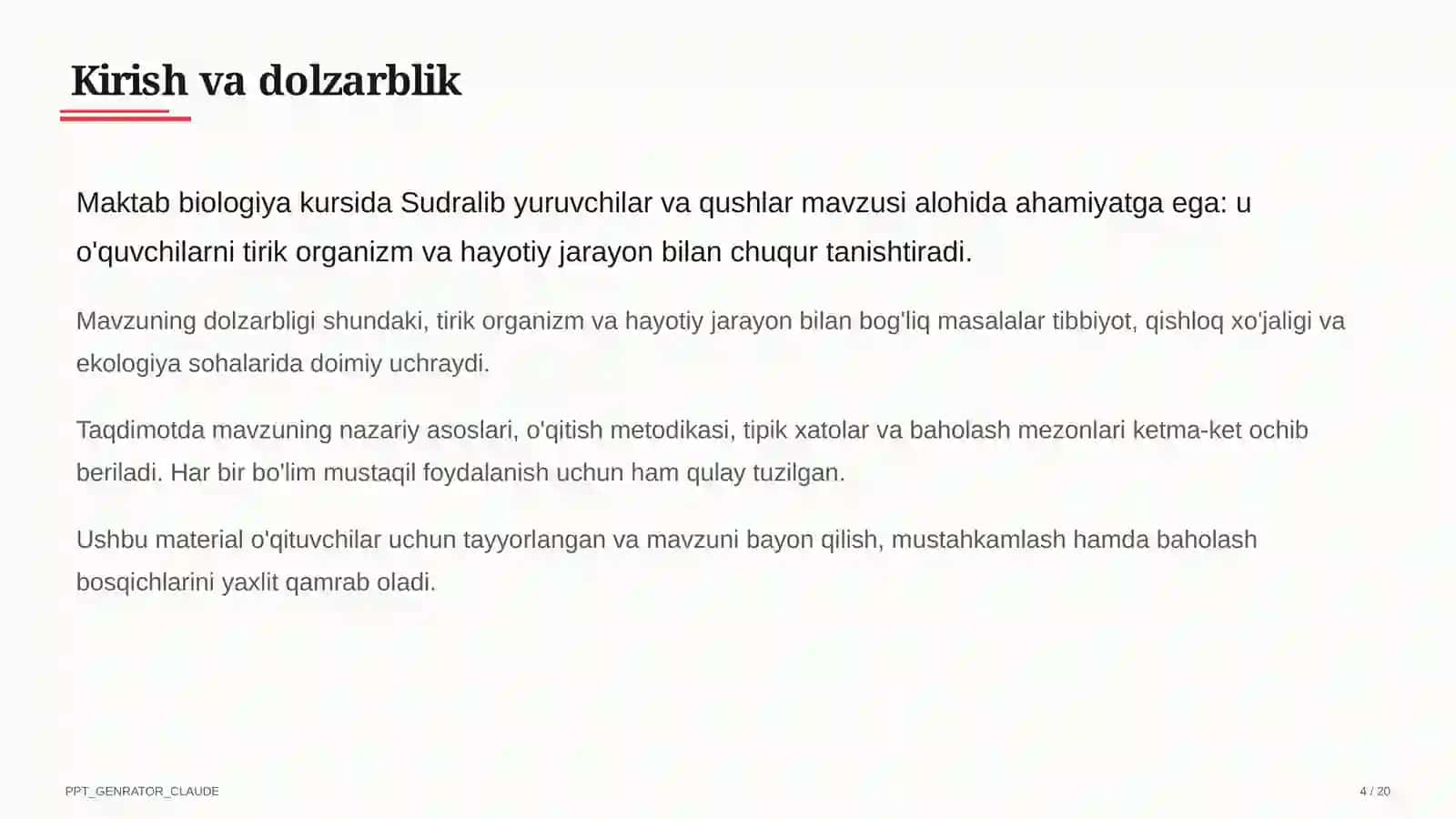 Sudralib yuruvchilar va qushlar (7-sinf) Biologiya (5–11) — o'qituvchilar uchun 4