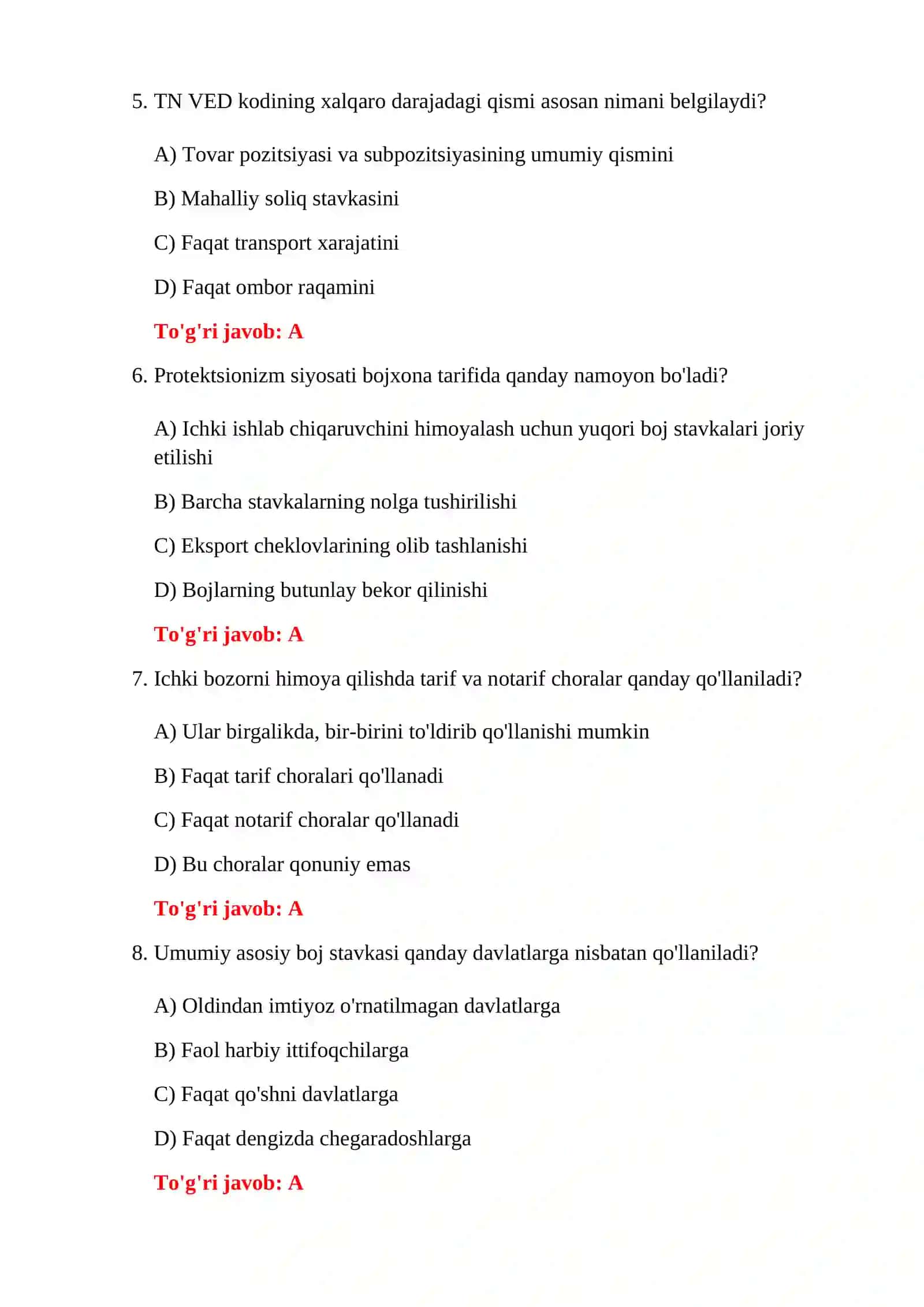 BOJXONA TARIFLARI VA BOJLARI TESTLARI 4