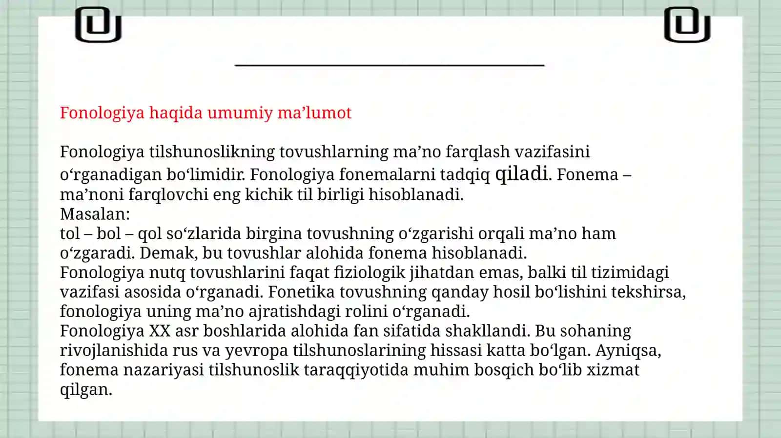 FONETIKA VA FONOLOGIYANING O‘RGANISH MANBAI, PREDMETI, MAQSAD VA VAZIFALARI 4