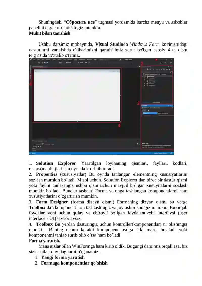 Visual Studio muhitida menyular va uskunalar paneli 4