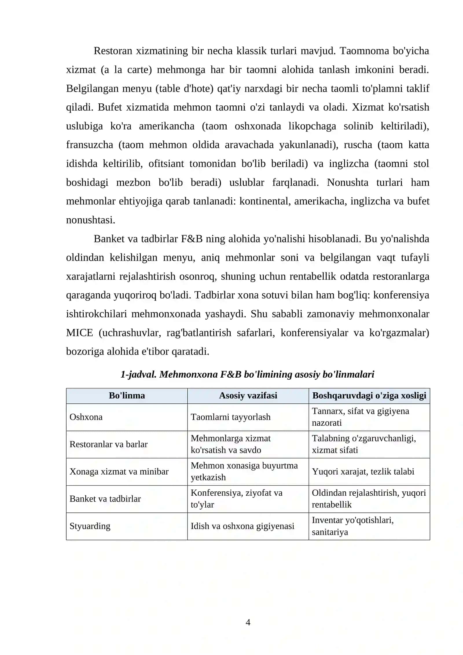 Xalqaro mehmonxona menejmentida F&B boshqaruvi 4