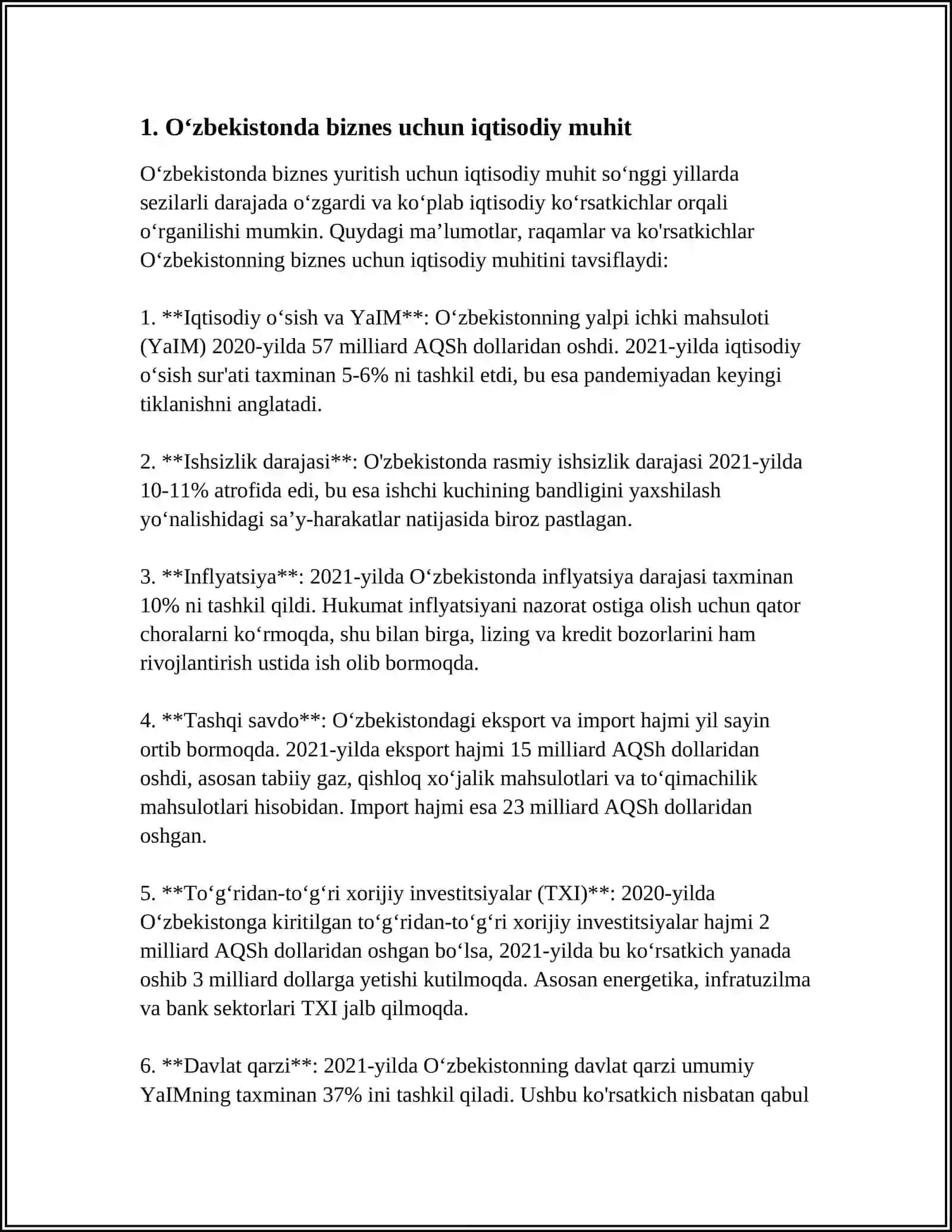 O‘ZBEKISTON RESPUBLIKASIDA BIZNES YURITISH JARAYONIDA MIKRO VA MAKRO IQTISODIY MASALALAR TUSHUNCHASI 4