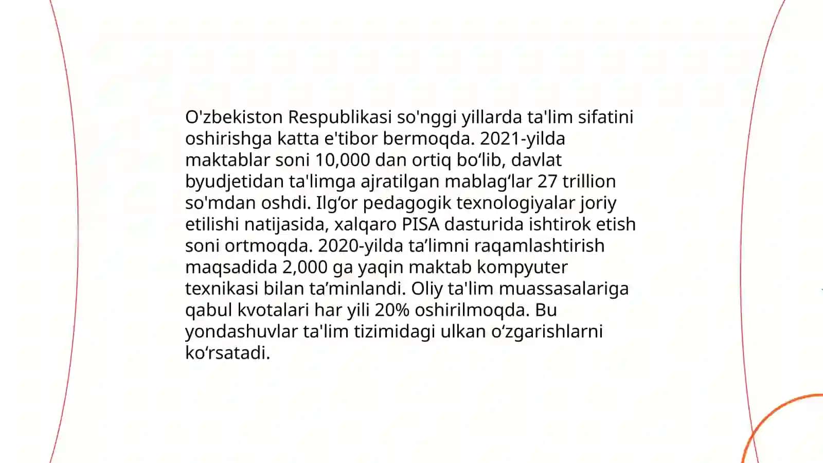 Mustaqillik yillarida o'zbekiston respublikasida ta'lim soxasida amalga oshirilgan o'zbekiston va jaxon hamjamiyati. prezintatsiya 4