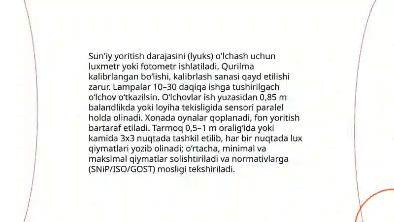 Xonalarning tabiiy va sun'iy yoritilganlik korsatkichlarini tekshirish va baholash 4