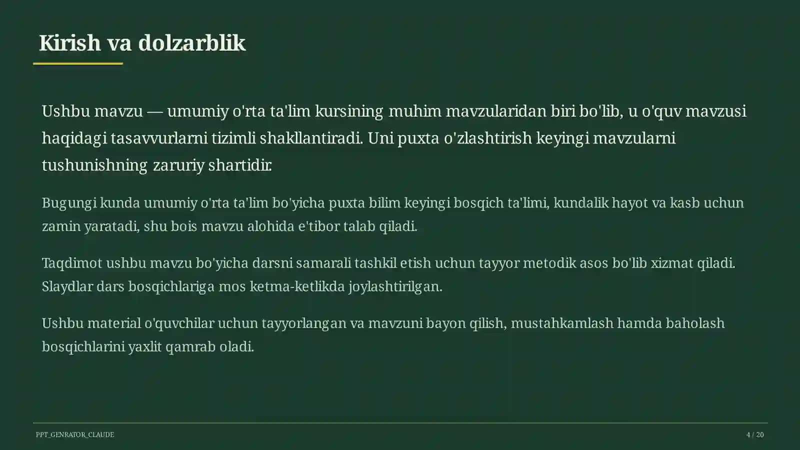Dolzarb mavzular — maktab va o'qituvchilar (2026) — o'quvchilar uchun 4
