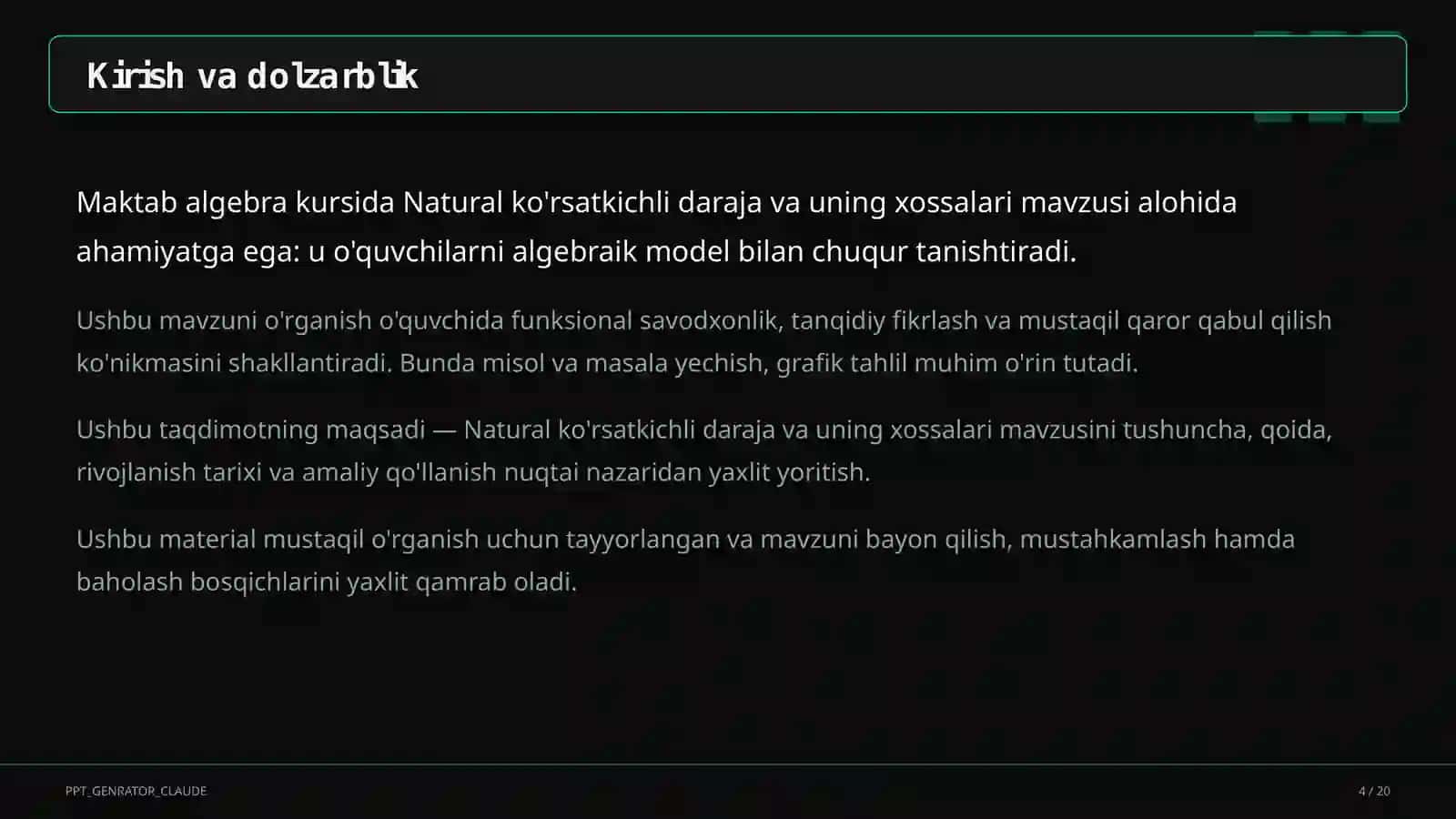 Natural ko'rsatkichli daraja va uning xossalari (7-sinf) 4