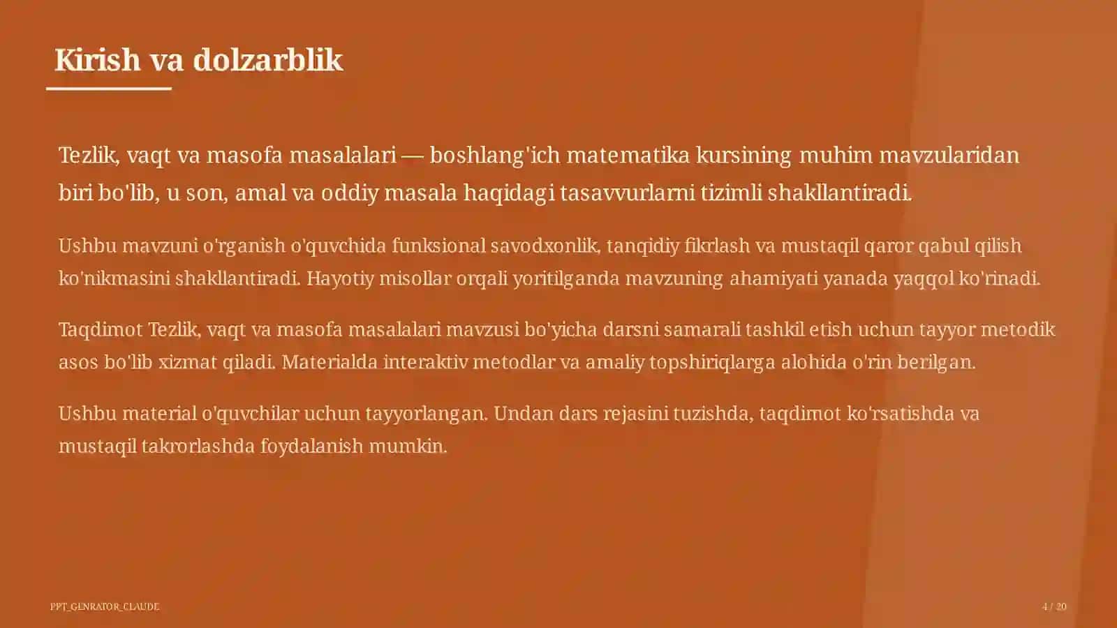 Tezlik, vaqt va masofa masalalari (4-sinf) 4