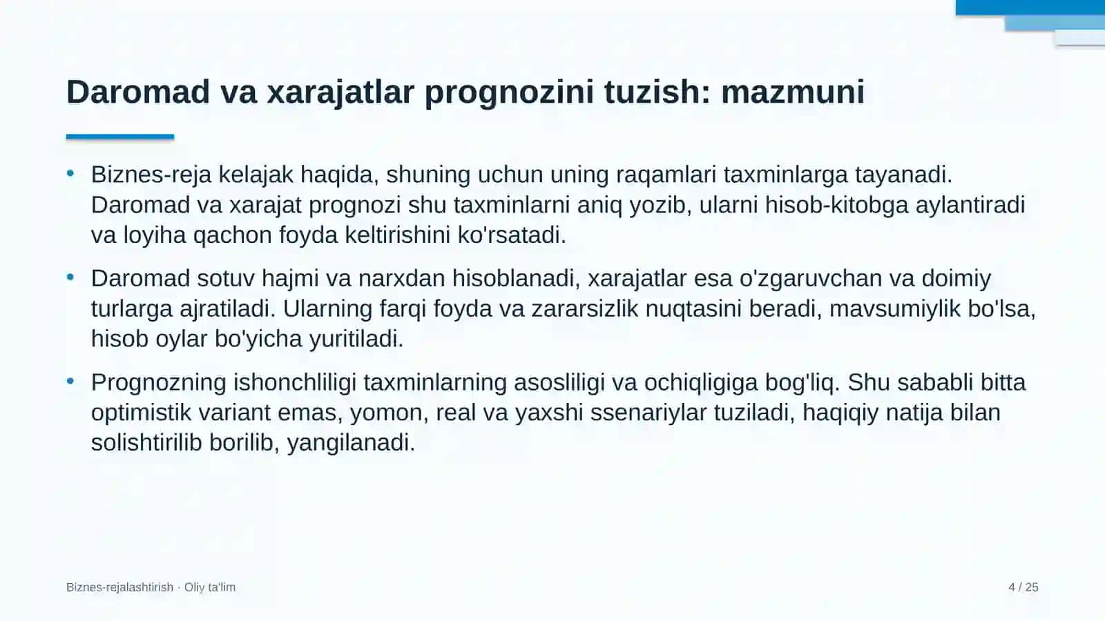 Kanselyariya do'konlarida daromad va xarajatlar prognozini tuzish 4