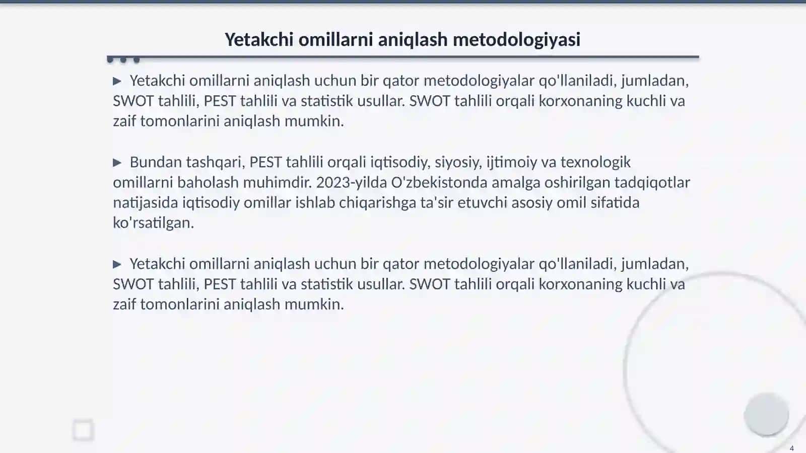 Yetakchi omillarni aniqlash metodologiyasi 4