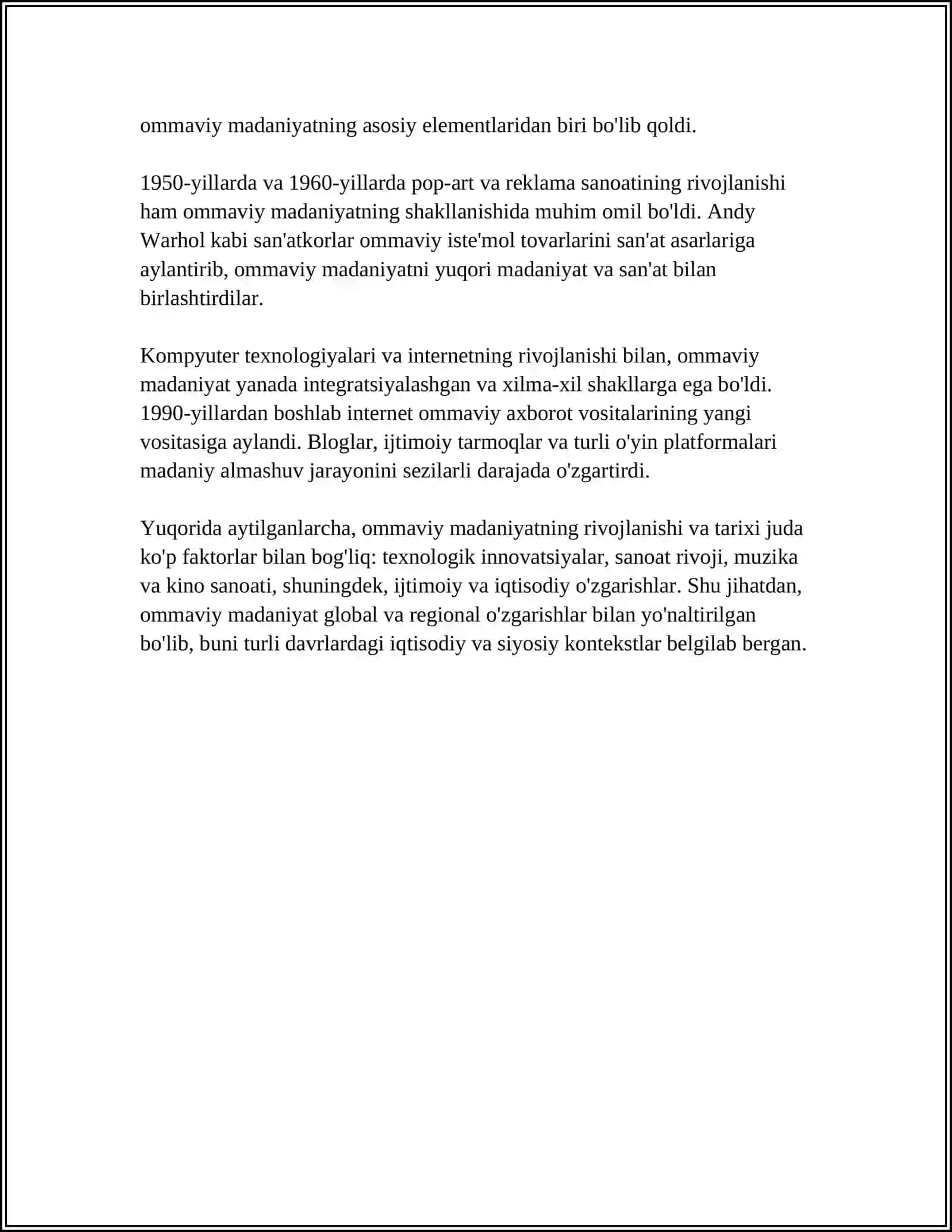 OMMAVIY MADANIYATNING SHAKLLANISH TARIXI VA UNING TURLARI: AKSILMADANIYAT, SUBMADANIYAT, POPULYAR MADANIYAT, EKRAN MADANIYATI 4