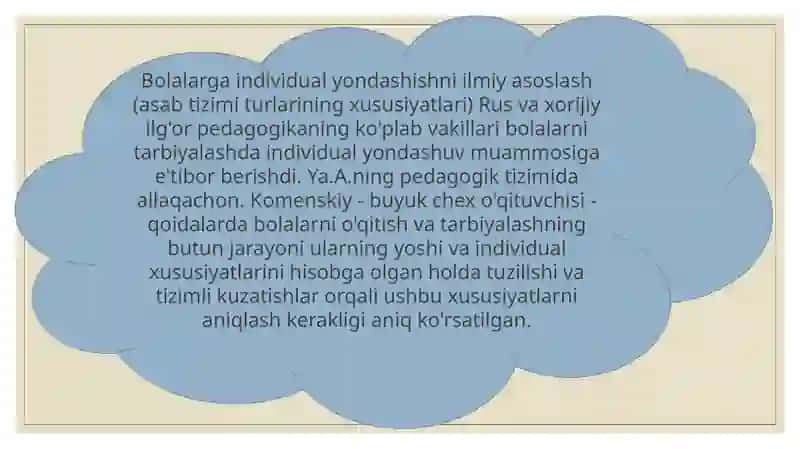 TA’LIM RIVOJLANTIRISH JARAYONIDA BOLALARGA INDIVIDUAL YONDASHISHI TEXNOLOGIYASINI AMALGA OSHIRISH UCHUN PSIXOLOGIK –PEDAGOGIK SHAROITLAR 4