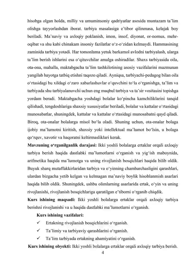 "MAKTABGACHA TA’LIM TARBIYANI TASHKIL ETISH TEXNOLOGIYASI" KURS ISHI 4