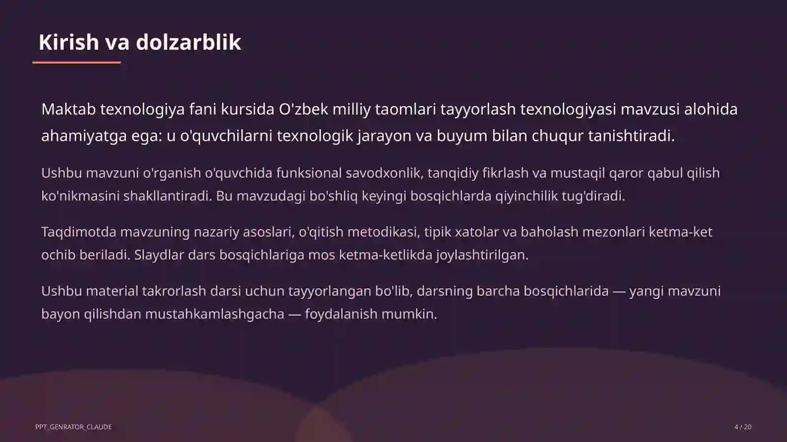 O'zbek milliy taomlari tayyorlash texnologiyasi (6-sinf) 4