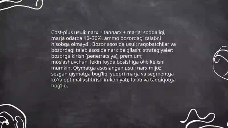 Xo’jalik yurituvchi subyektning baho siyosati va baholarni shakllantirish asoslari, marketing strategiyasining moliyaviy jihatlari 4
