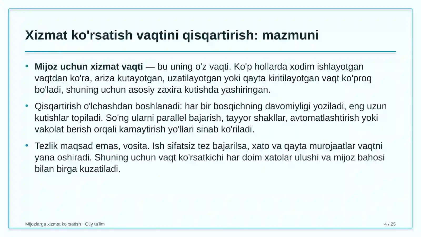 Buyum bozorlarida xizmat ko'rsatish vaqtini qisqartirish 4