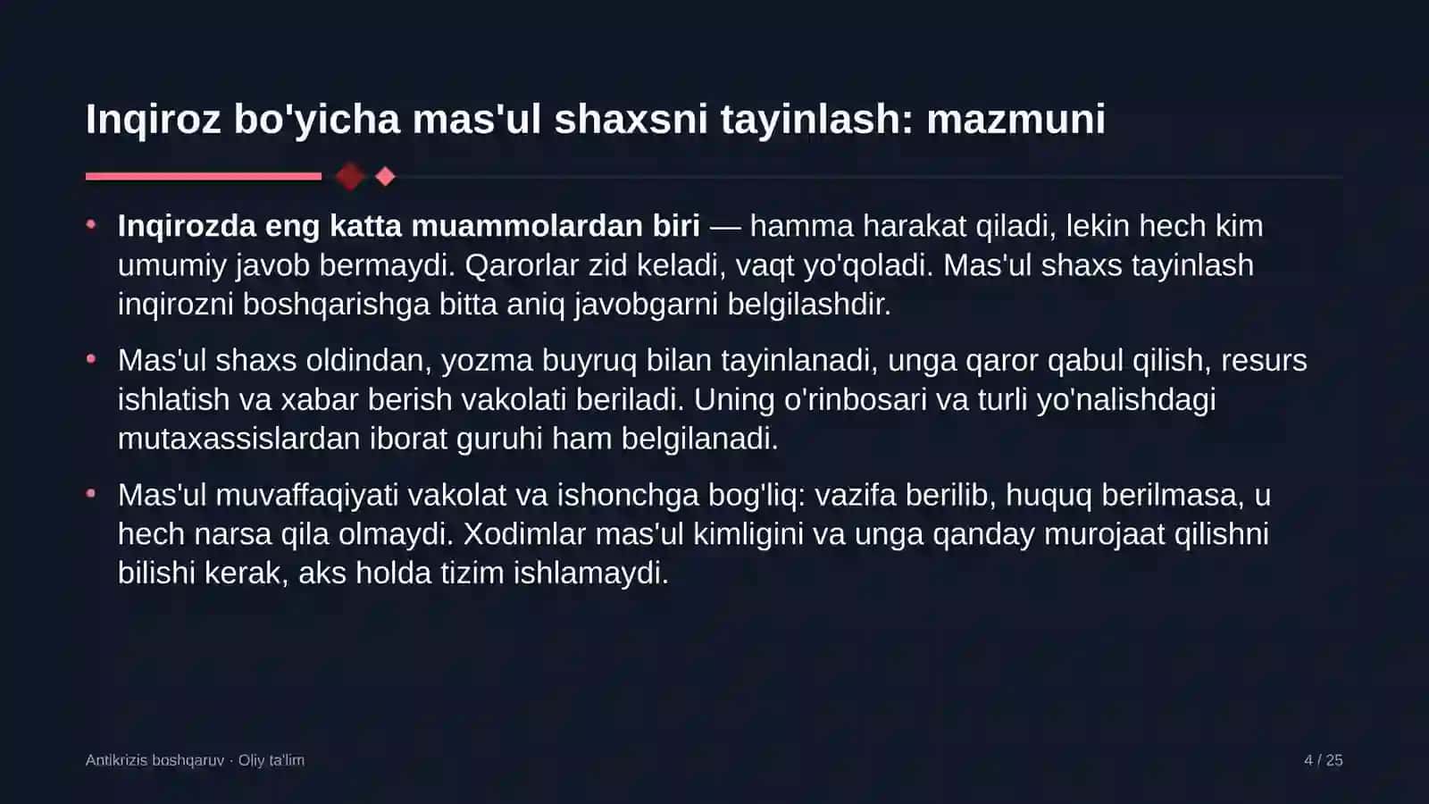 Ehtiyot qismlar do'konlarida inqiroz bo'yicha mas'ul shaxsni tayinlash 4
