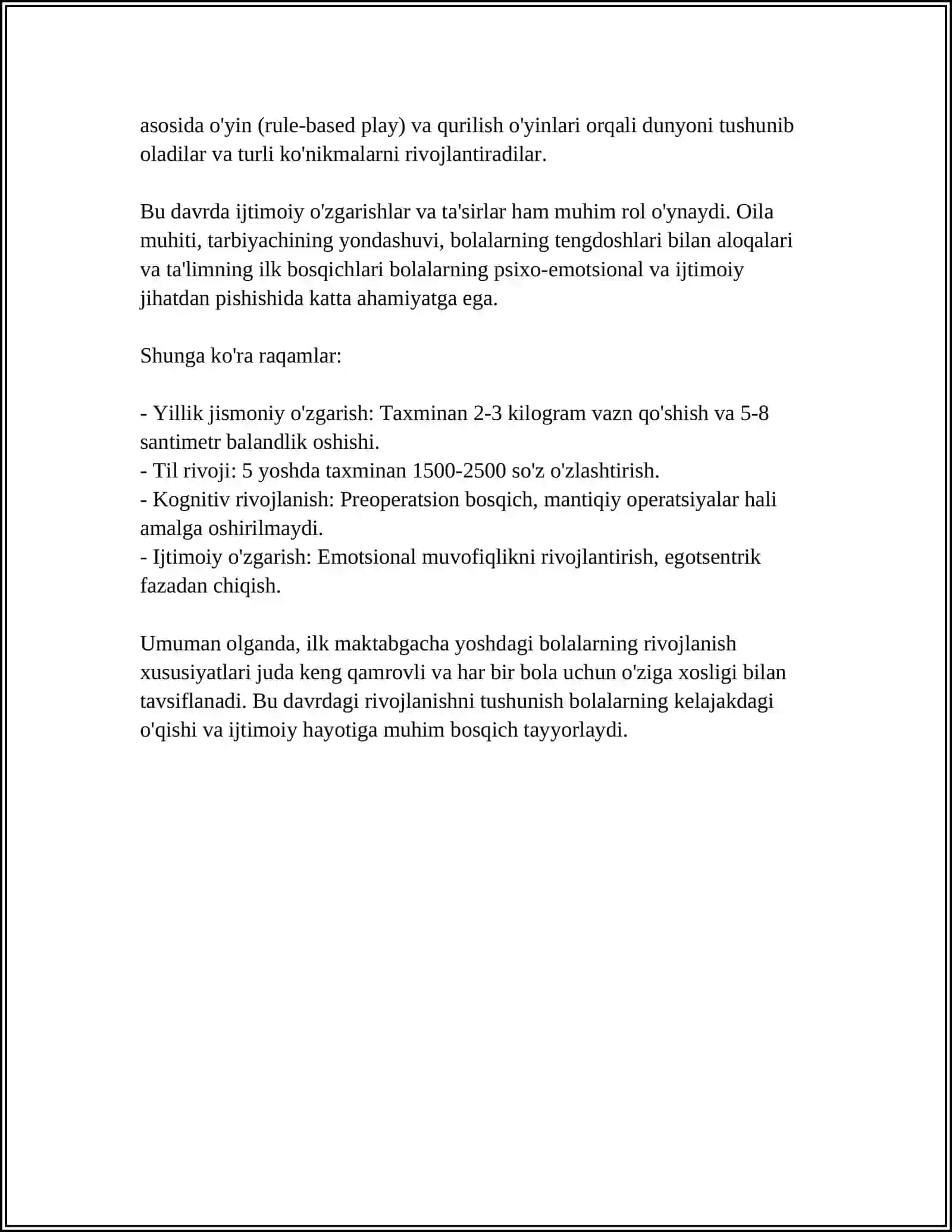 ILK MAKTABGACHA YOSHDAGI BOLALAR PEDAGOGIKASI FANIDAN OʻTILGAN MAVZULAR YUZASIDAN 20 TA TEST TUZISH 4
