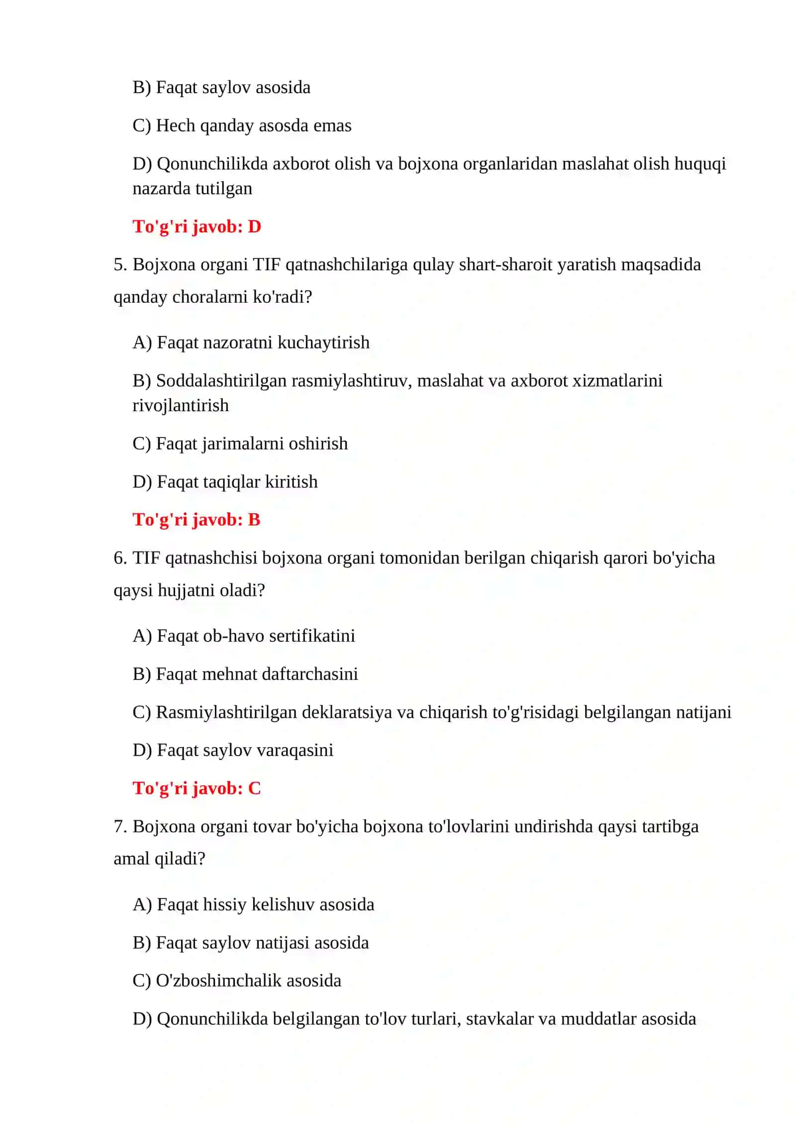 TIF BO'YICHA BOJXONA TESTLARI 4