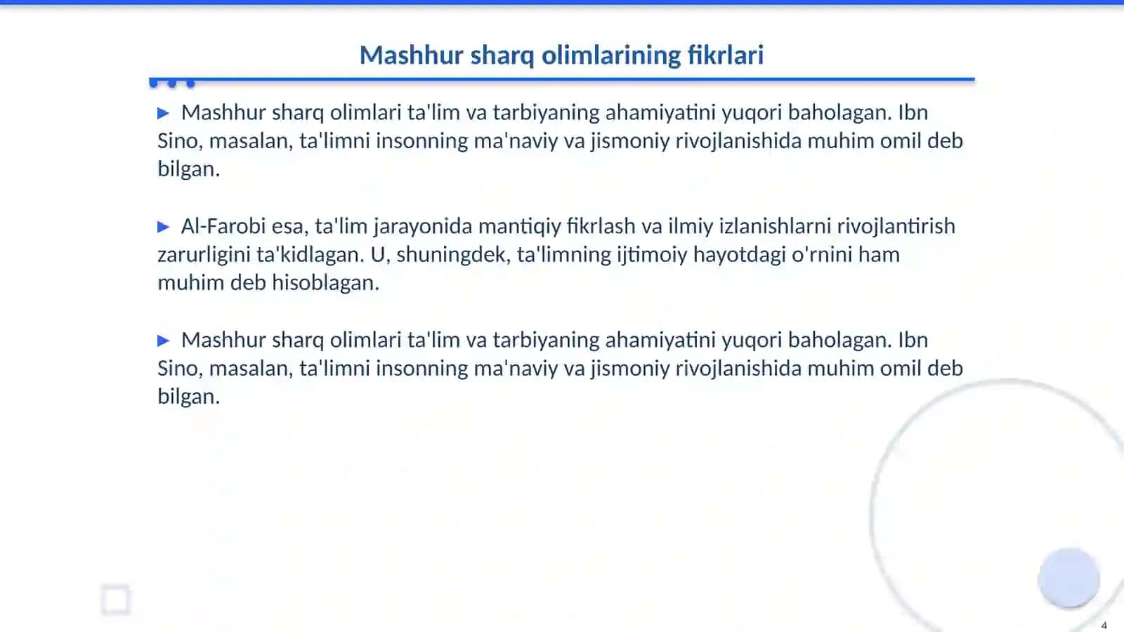 Sharq olimlarining ta'lim tarbiya haqida qarashlari 4