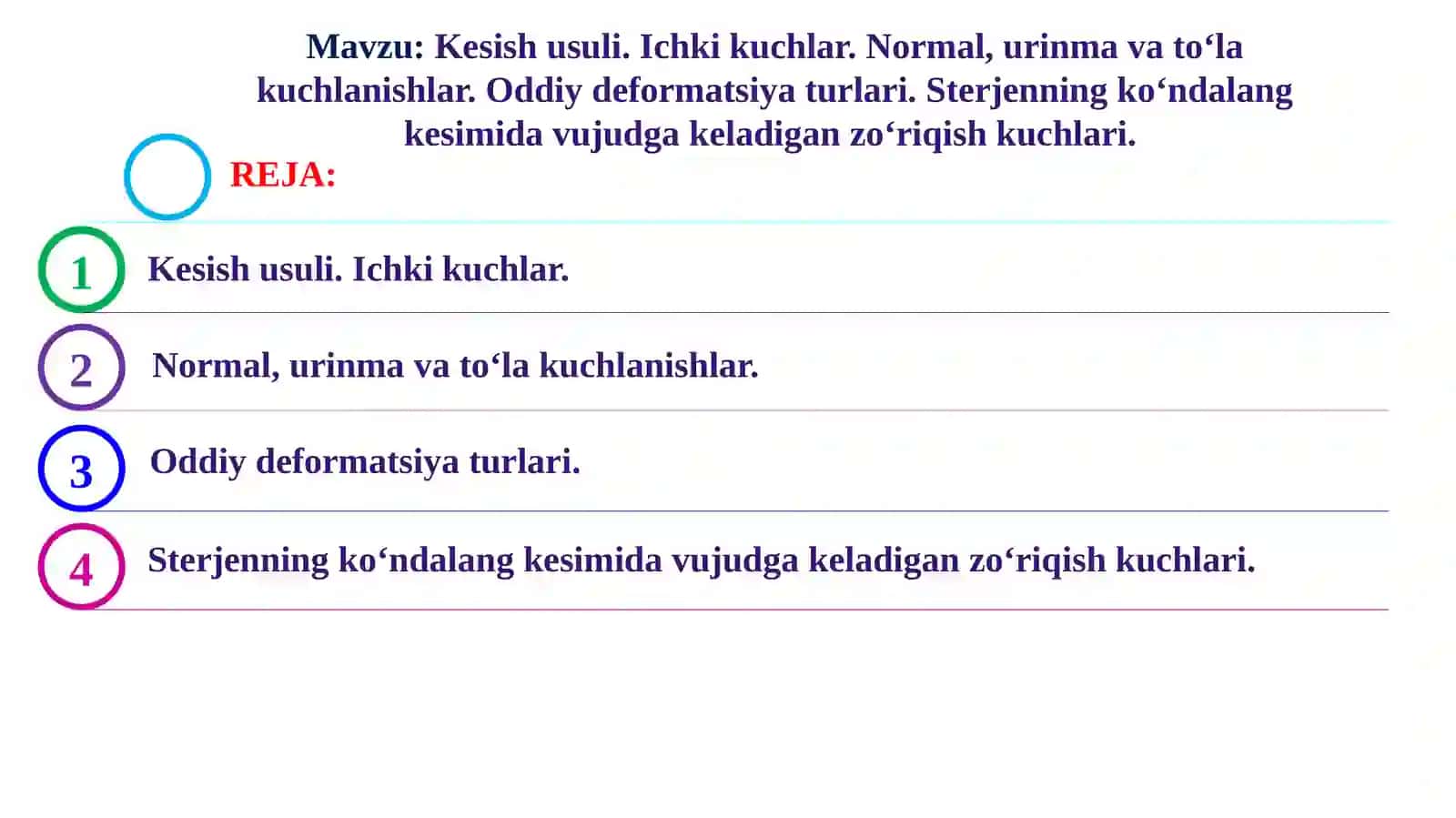 Kesish usuli. Ichki kuchlar. Normal, urinma va to‘la kuchlanishlar. Oddiy deformatsiya turlari. Sterjenning ko‘ndalang kesimida vujudga keladigan zo‘riqish kuchlari 4