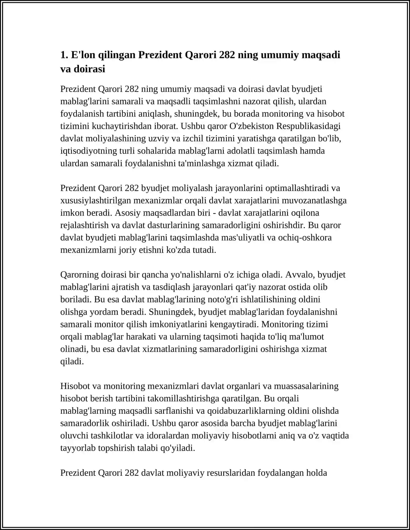 PREZDENT QARORI 282 BYUDJED MOLIYALASHTIRISH TARTIBI BELGILAYDI MABLAG' AJRATISH MONITORING VA HISOBOT 4