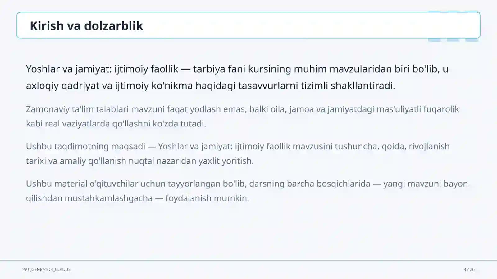 Yoshlar va jamiyat: ijtimoiy faollik (10-sinf) 4