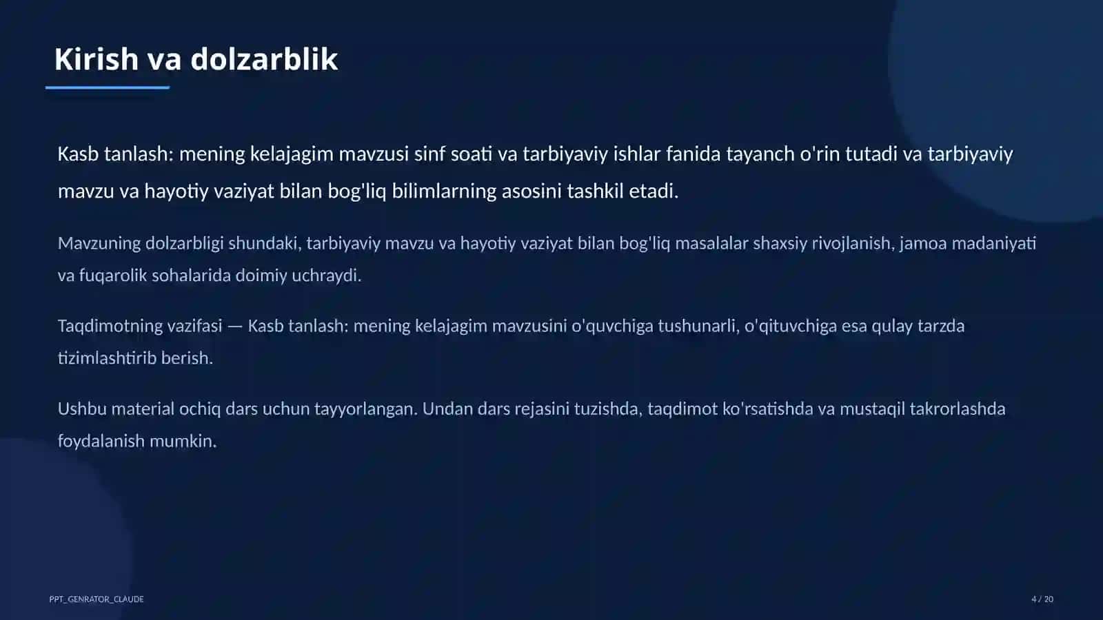 Sinf soati va tarbiyaviy tadbirlar (1–11) — ochiq dars uchun 4