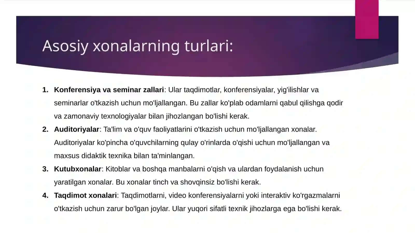 Jamoat binolarining asosiy, yordamchi, xizmat ko'rsatuvchi va kommunikatsion xonalari 4