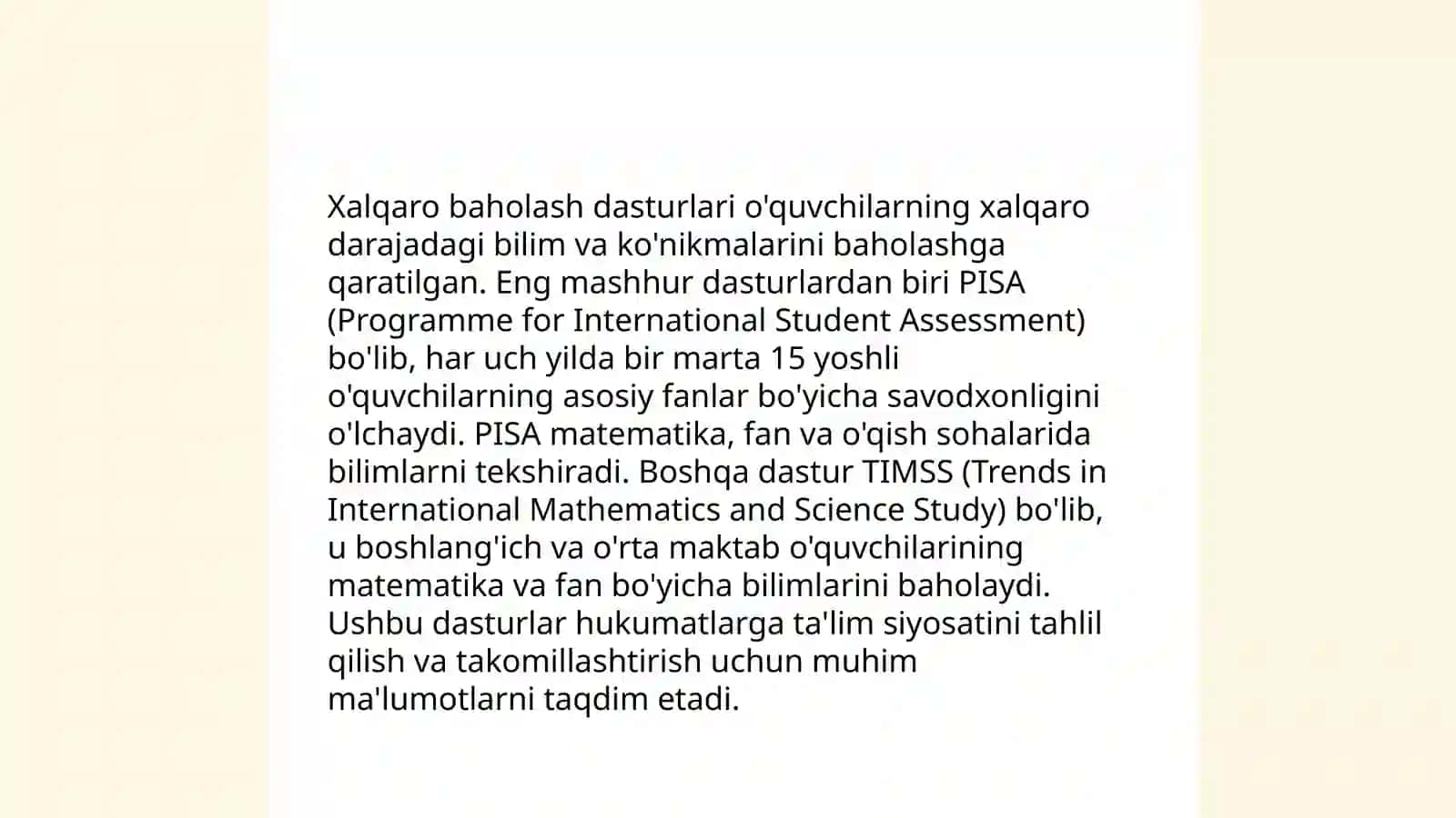 Xalqaro baholash dasturlarining maqsadi,mazmun sohalari hamda topshiriqlari,ularni baholash mezonlari 4