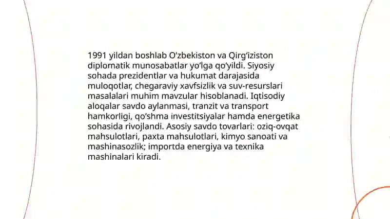 Mustaqillik yillarida Oʻzbekiston qoʻshni davlatlar bilan iqtisodiy, siyosiy munosabatlari 4