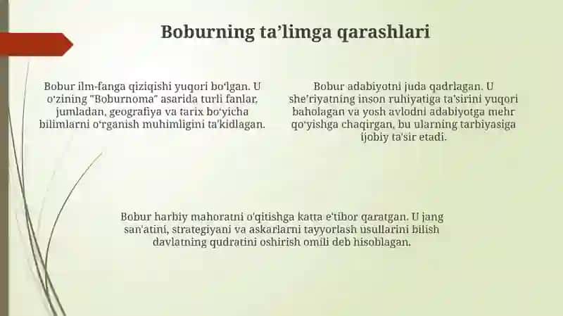 ZAHIRIDDIN MUHAMMAD BOBUR VA BOBURIYLAR MEROSIDA TARBIYAGA OID QARASHLAR 4
