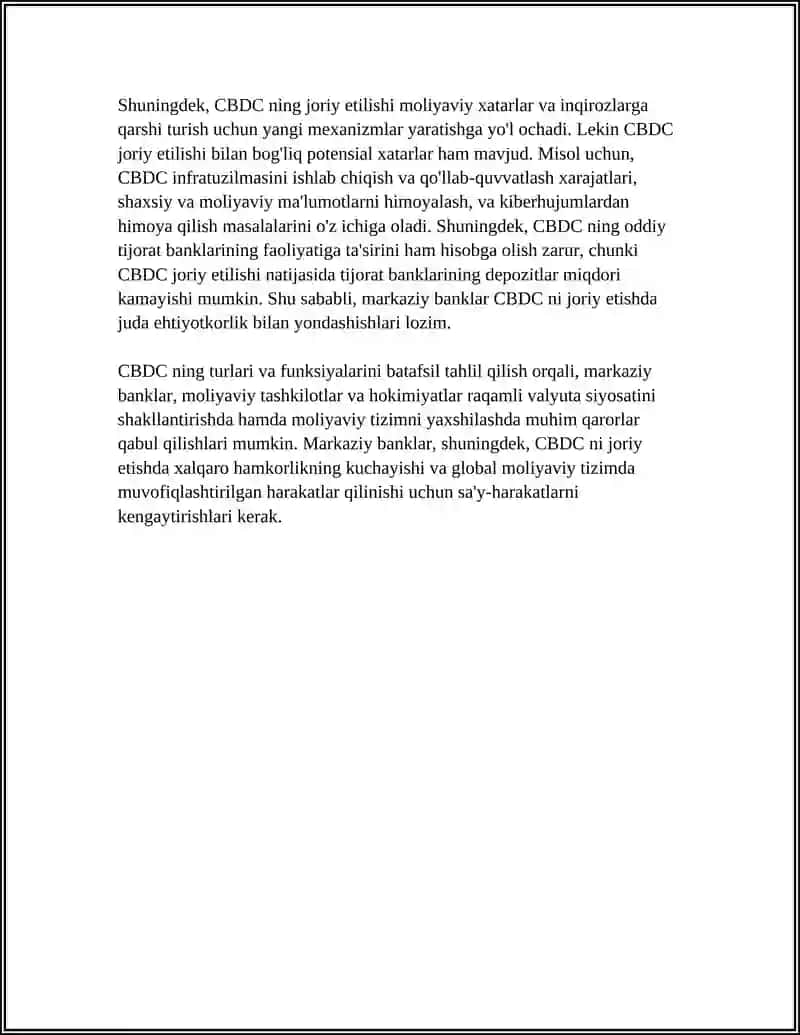 MARKAZIY BANKLARNING RAQAMLI VALYUTASI (CBDC): MOLIYAVIY TIZIM UCHUN IMKONIYATLARI VA XATARLARI 4