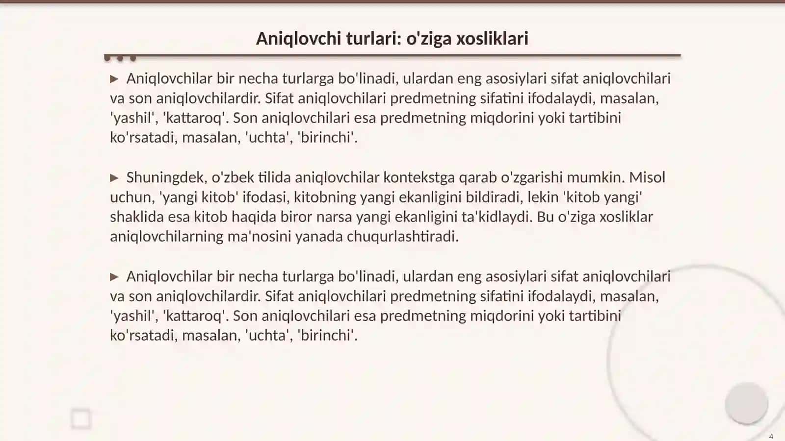 Aniqlovchi va uning turlari 4