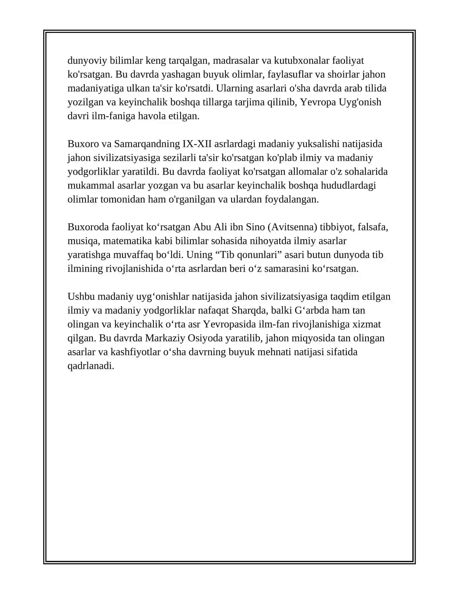 IX-XII ASRLARDA MAMLAKATIMIZ HUDUDIDA RO'Y BERGAN MADANIY UYG'ONISH(RENESSANS). BUYUK ALLOMALARNING JAHON SIVILIZATSIYASIGA QO'SHGAN HISSASI 4