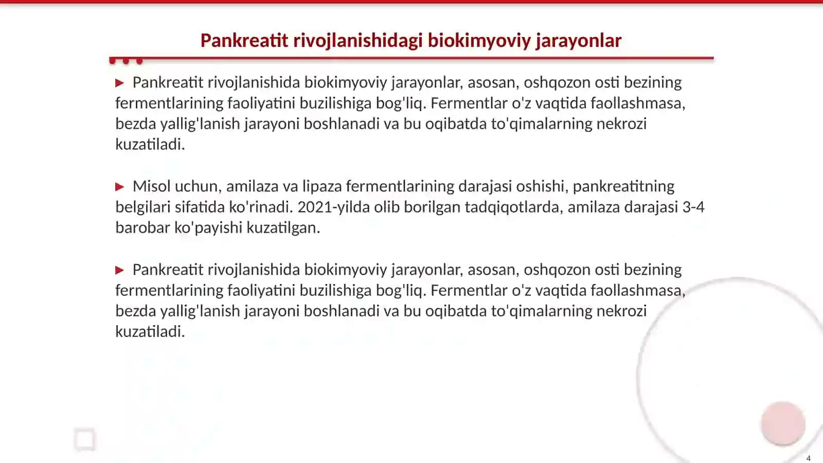 Pankreatit rivojlanishining biokimyoviy asoslari. Davolash va diagnostikatamoillari 4