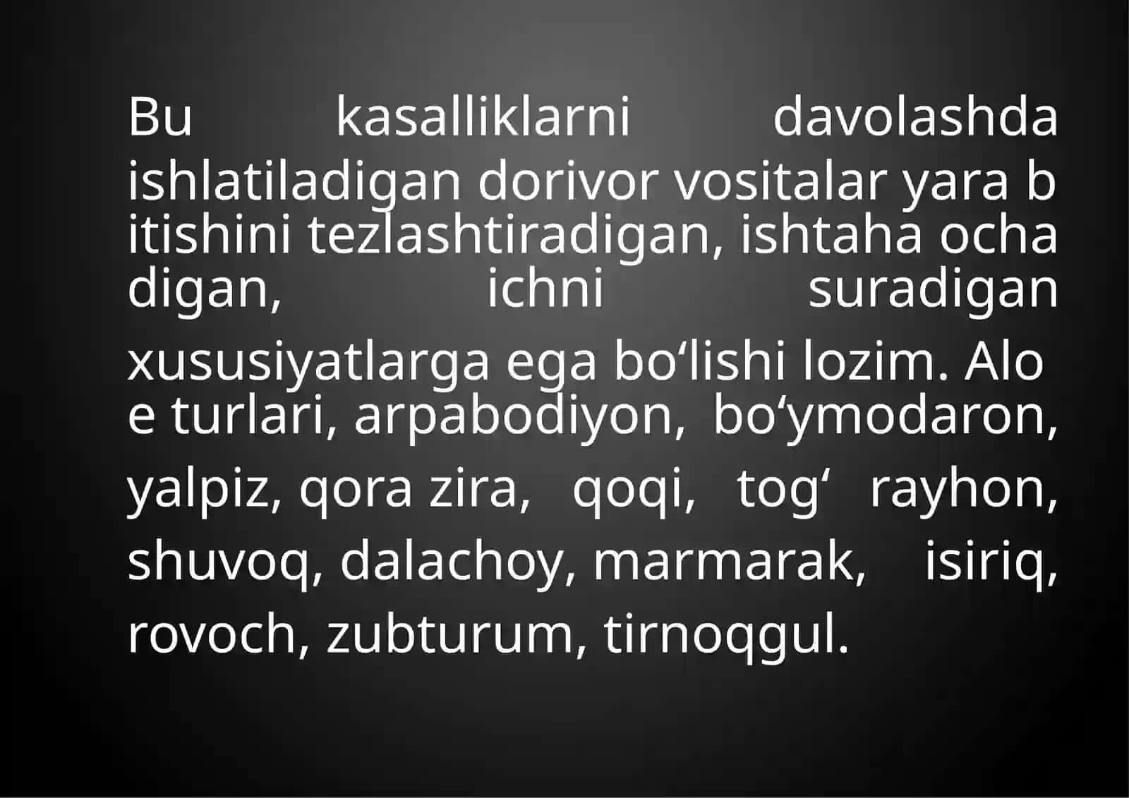 BIOLOGIYA TA’LIM YO’NALISHI (SIRTQI) 5 – KURS 219 – BOʻRIYIVA LAYLONING DORIVOR O’SIMLIKLAR FANIDAN 4